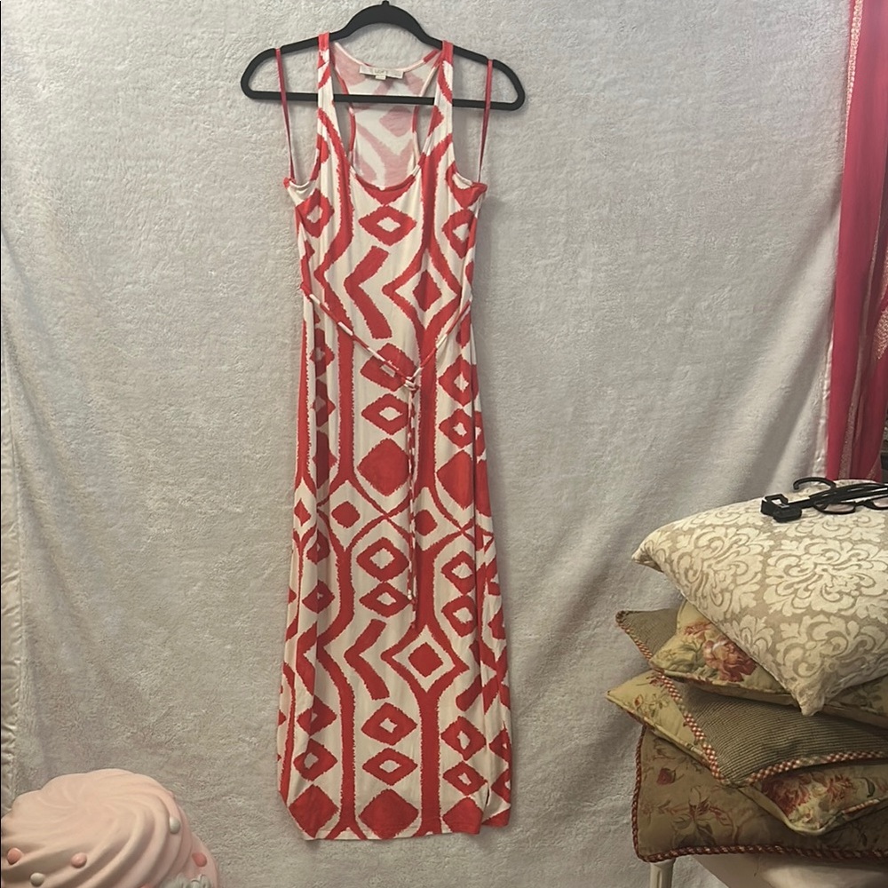 LOFT Red and Cream Racer Back Sheath Maxi Dress